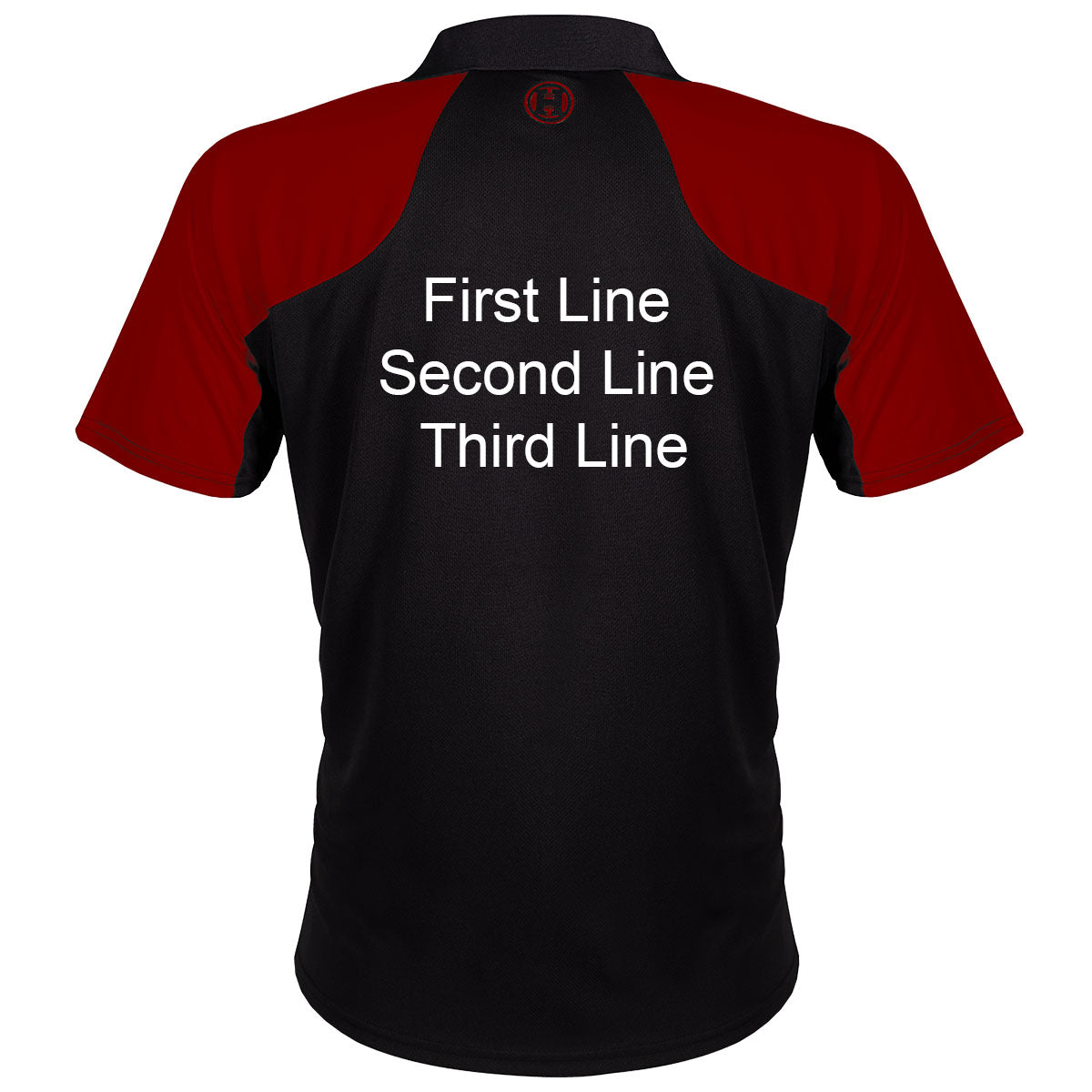 Harrows Vivid Deep Red and Black Dart Shirt image highlighting available name and customisation options