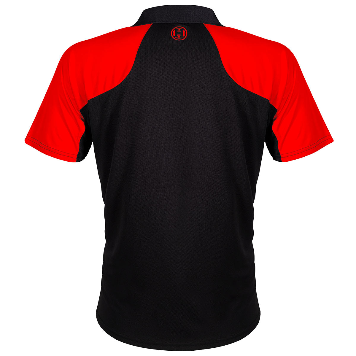 Harrows Vivid Fire Red and Black Dart Shirt rear view image showing the back design and shirt styling