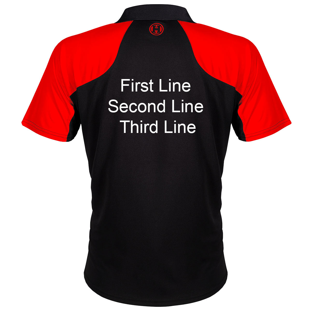 Harrows Vivid Fire Red and Black Dart Shirt image highlighting available name and customisation options