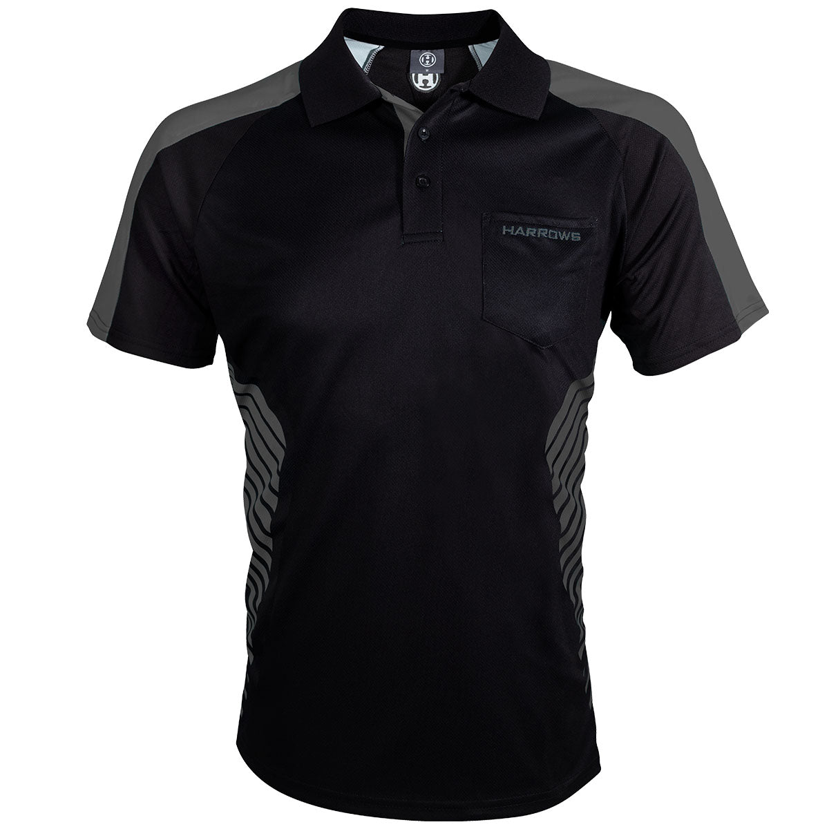 Harrows Vivid Grey and Black Dart Shirt front view image showing the complete shirt design, colours, and styling details