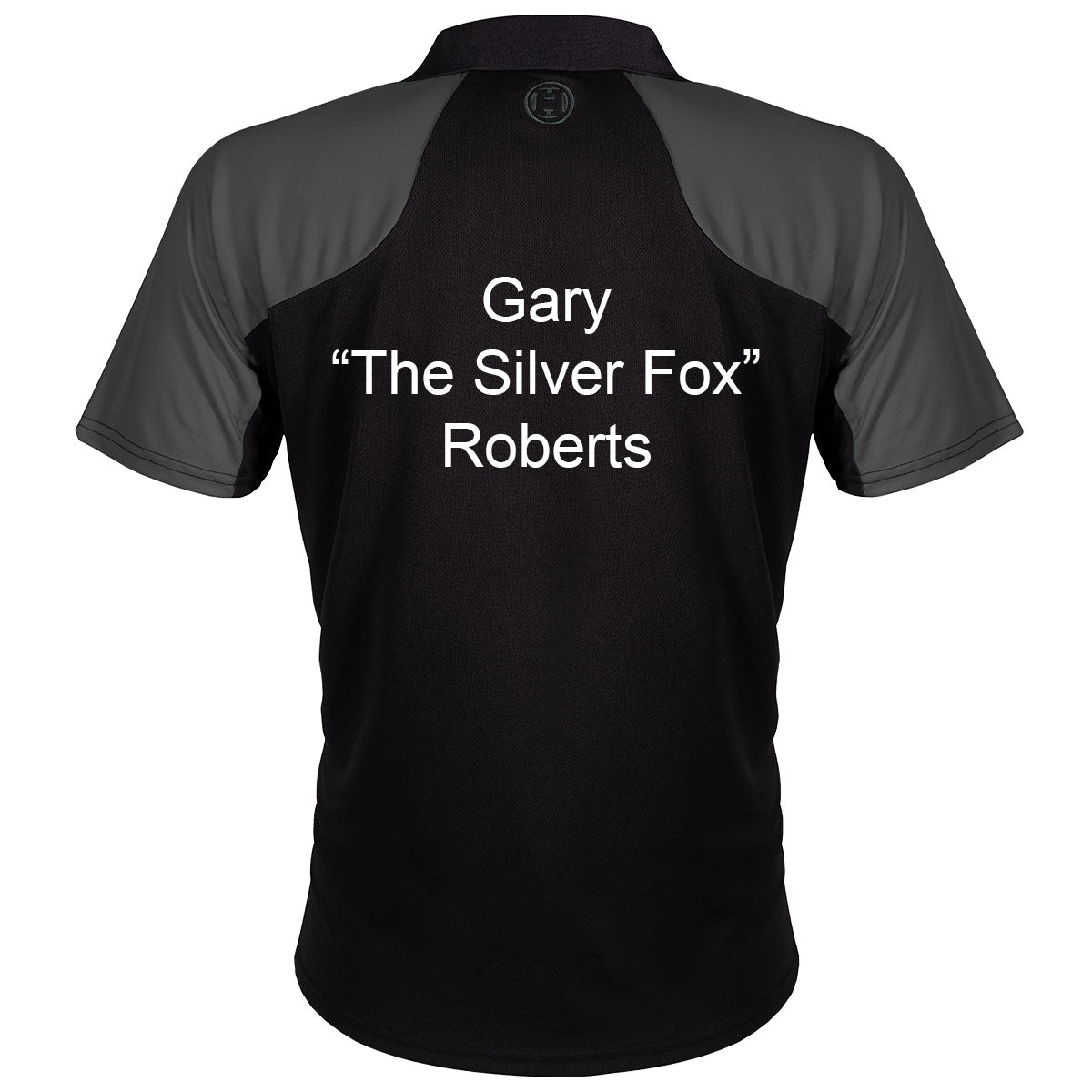 Harrows Vivid Grey and Black Dart Shirt example image showing a personalised shirt with custom name and printed details displayed on the garment.