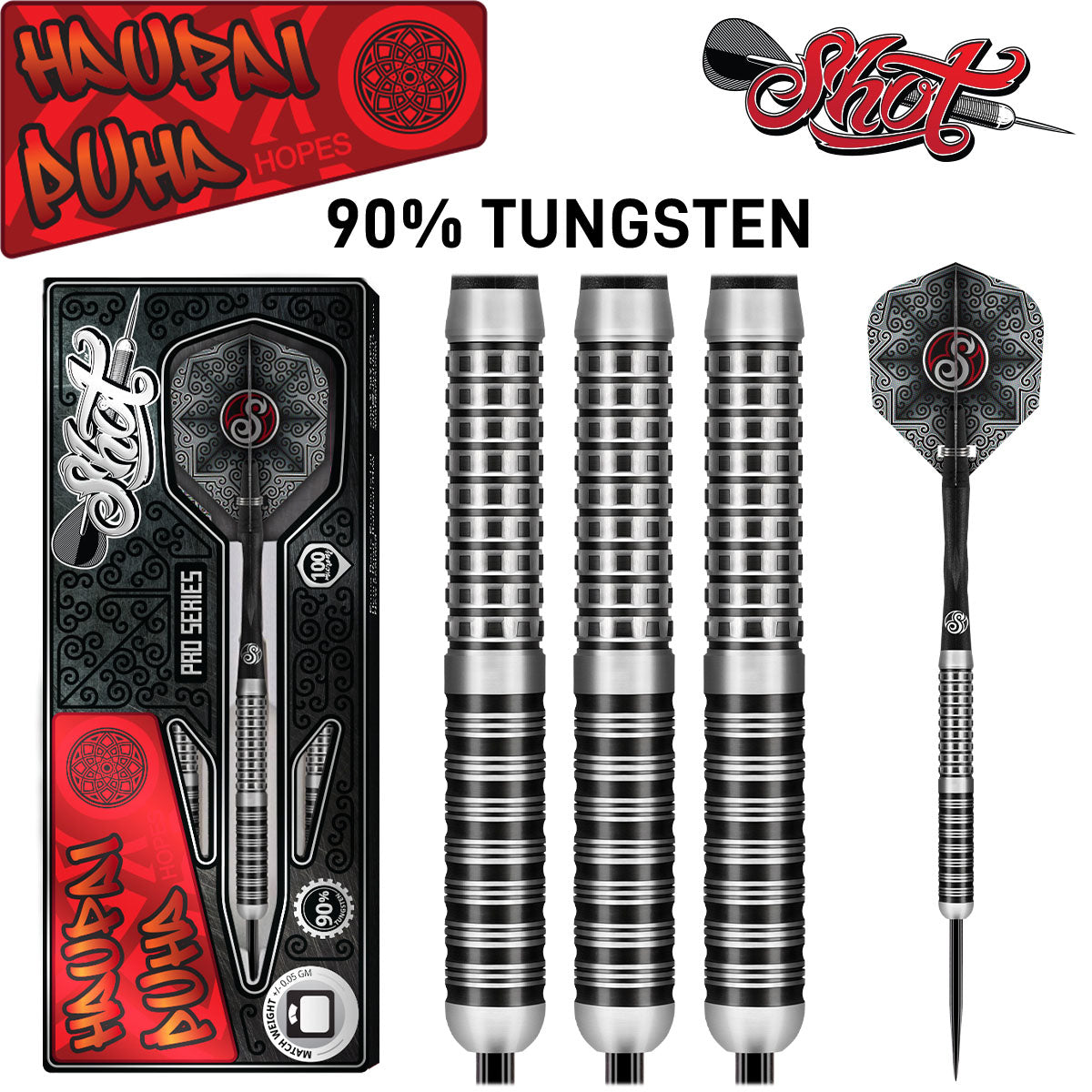 Haupai Puha Steel Tip Darts main product image showing the darts, packaging, flights, shafts, and included accessories