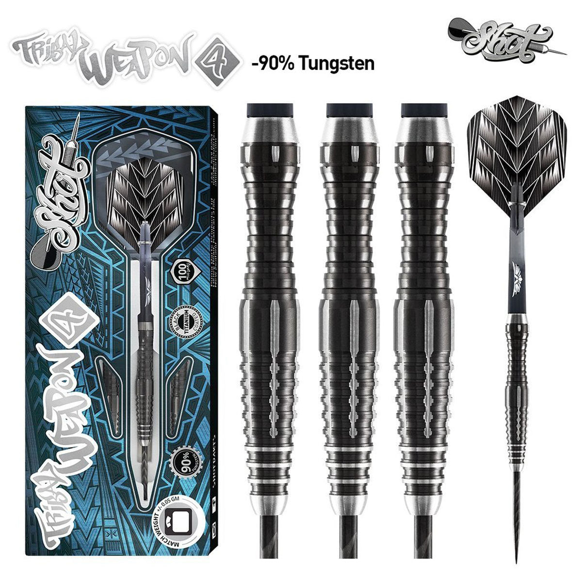 Tribal Weapon 4 Series Steel Tip Darts main product image showing the darts, packaging, flights, shafts, and included accessories