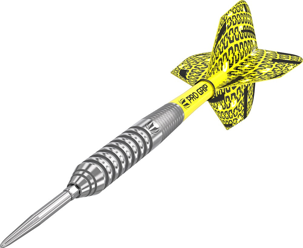 Bolide 02 SP Steel Tip Darts angled close up image highlighting the barrel grip and precision machining