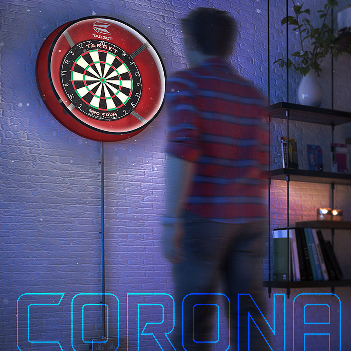 Target Corona Dartboard Lighting System lifestyle image showing the lighting system installed in a real world darts setup and ready for play