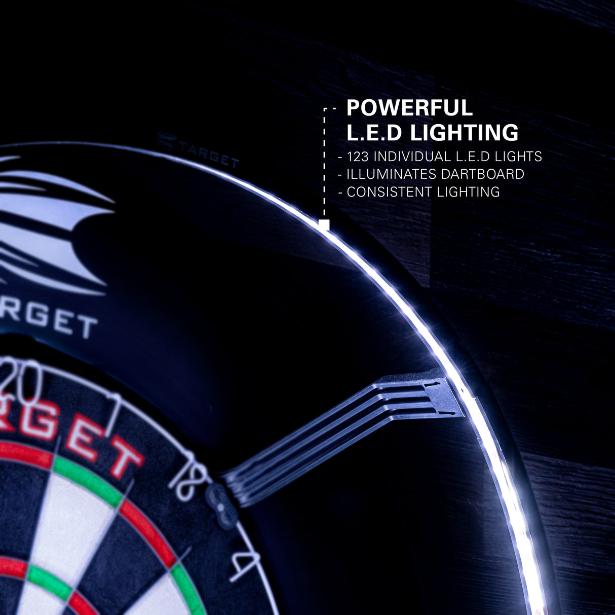 Target Corona Dartboard Lighting System product image showing the lighting systems different features