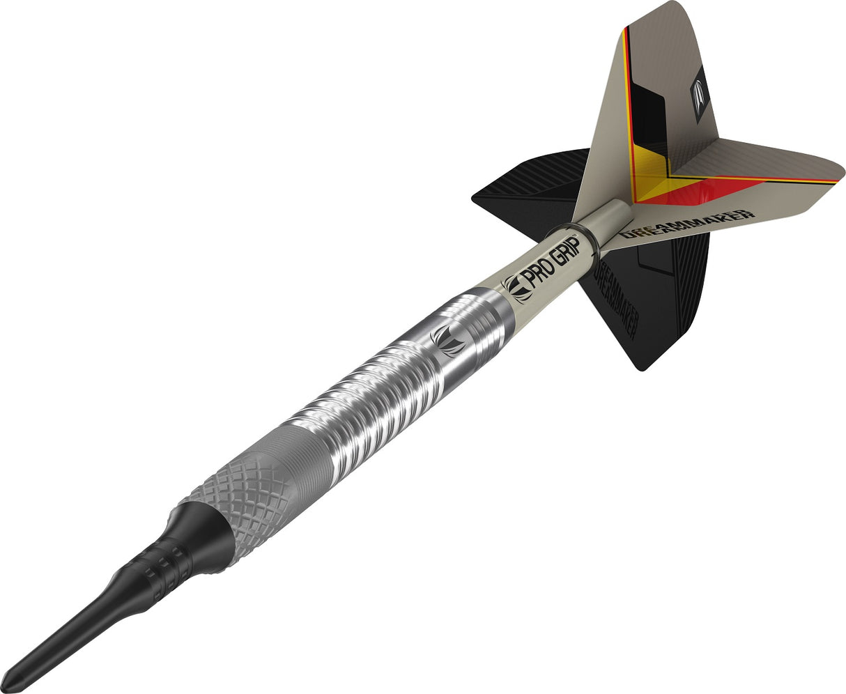 Dimitri Van den Bergh G1 Soft Tip Darts close up image highlighting the barrel grip texture and precision machining detail