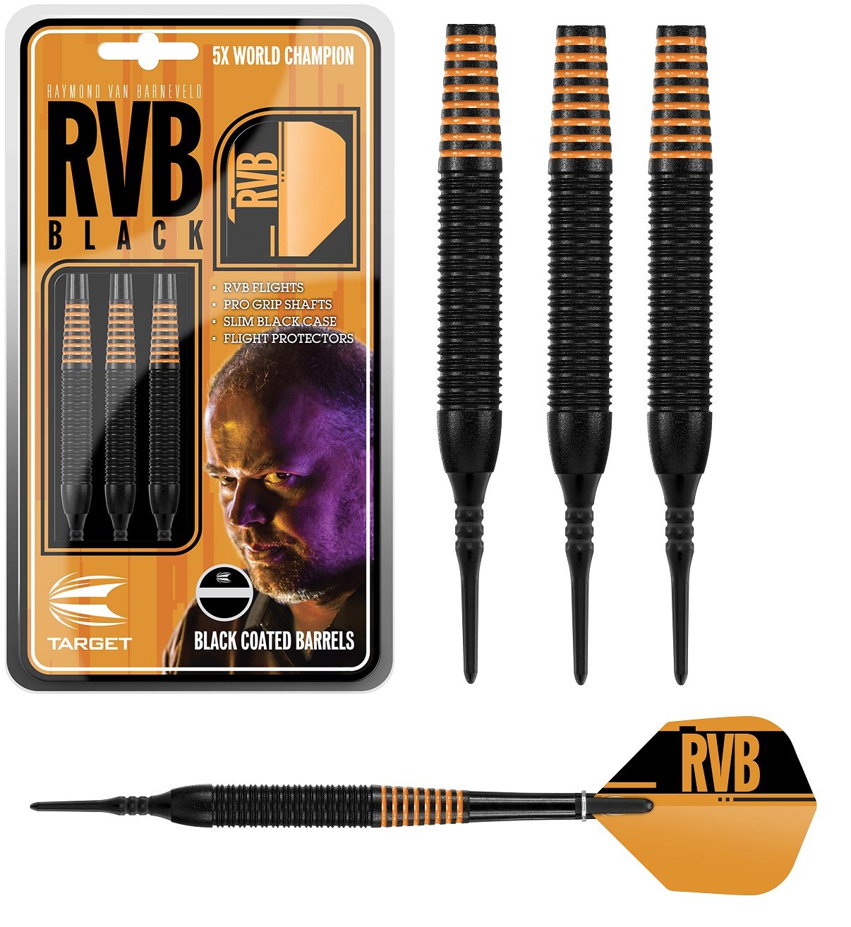 Raymond van Barneveld Black Brass Soft Tip Darts main product image showing the darts, packaging, flights, shafts, and included accessories