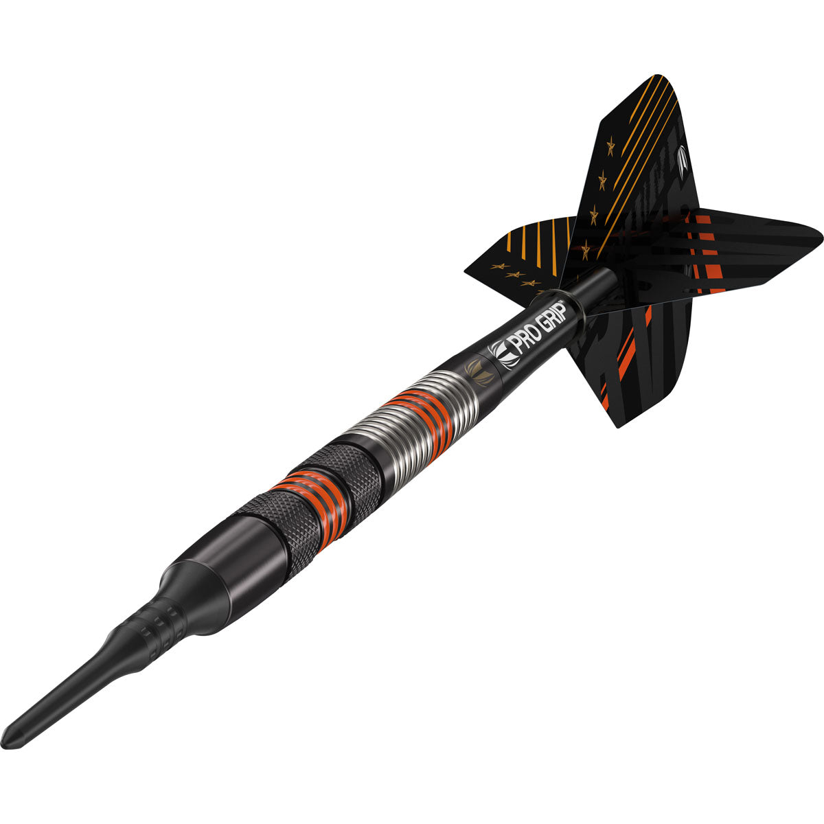 Raymond Van Barneveld RVB 80 Black Soft Tip Darts close up image highlighting the black barrel coating and grip detail