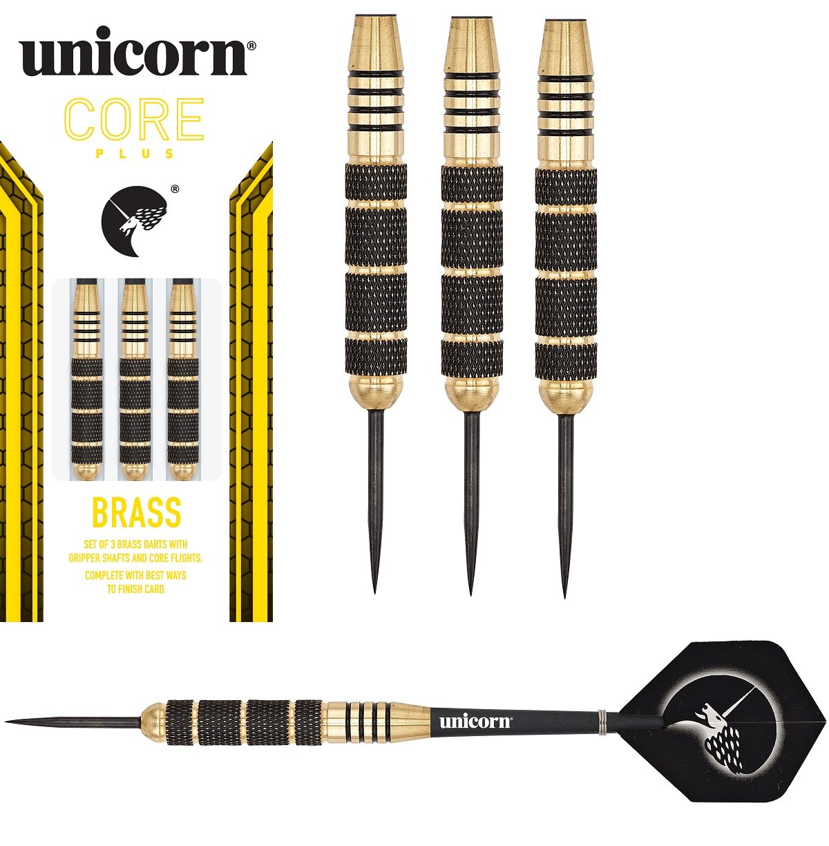 Core Plus Brass Steel Tip Darts main product image showing the darts, packaging, flights, shafts, and included accessories