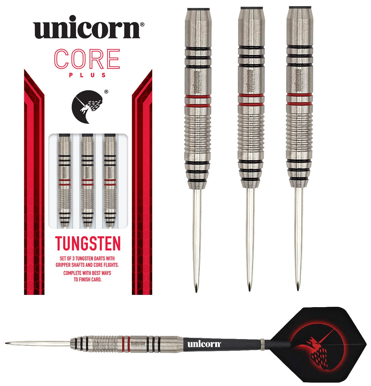 Core Plus Tungsten Steel Tip Darts main product image showing the darts, packaging, flights, shafts, and included accessories