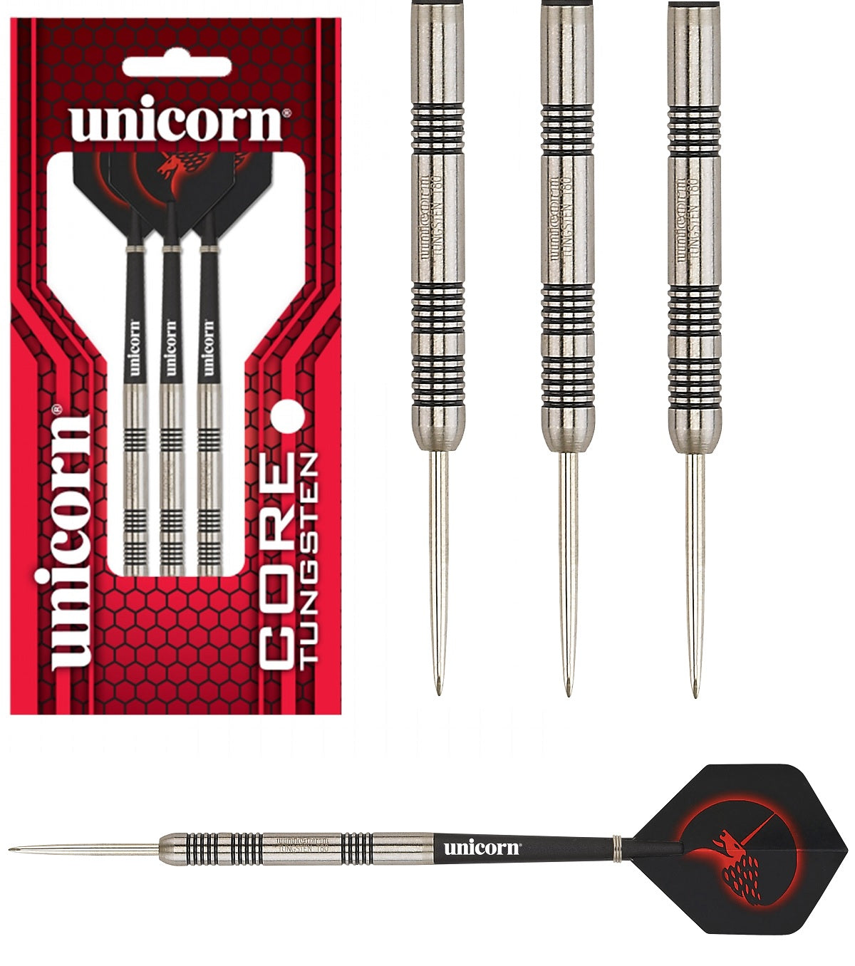 Core Tungsten Steel Tip Darts main product image showing the darts, packaging, flights, shafts, and included accessories