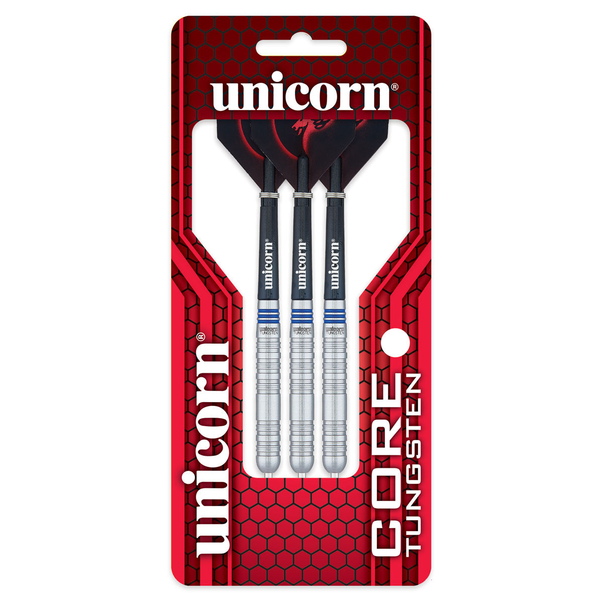Core Tungsten Style 1 Steel Tip Darts main product image showing the darts, packaging, flights, shafts, and included accessories