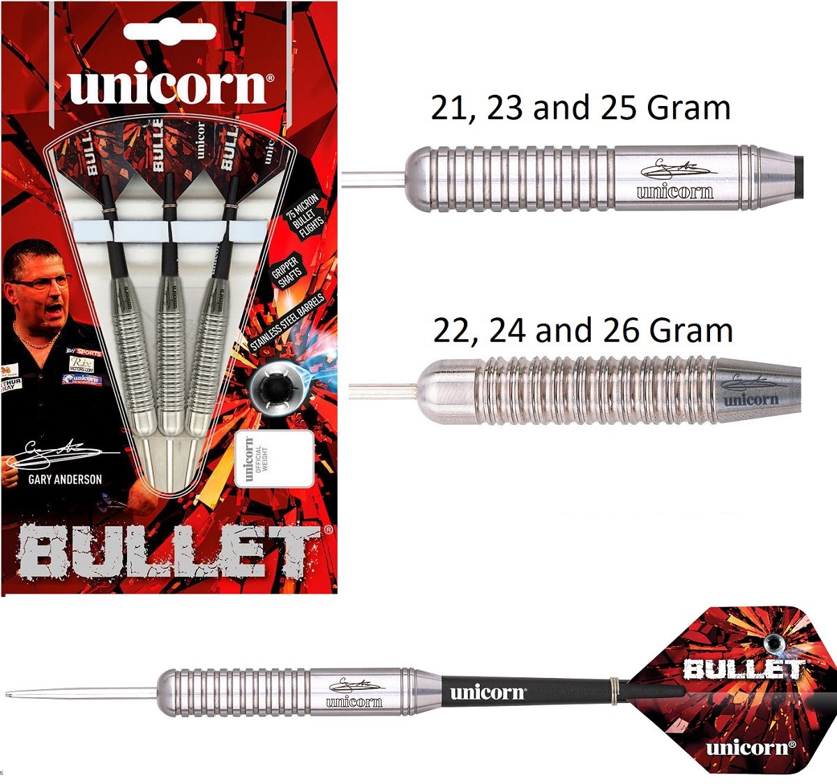 Gary Anderson Bullet Stainless Steel Tip Darts main product image showing the darts, packaging, flights, shafts, and included accessories