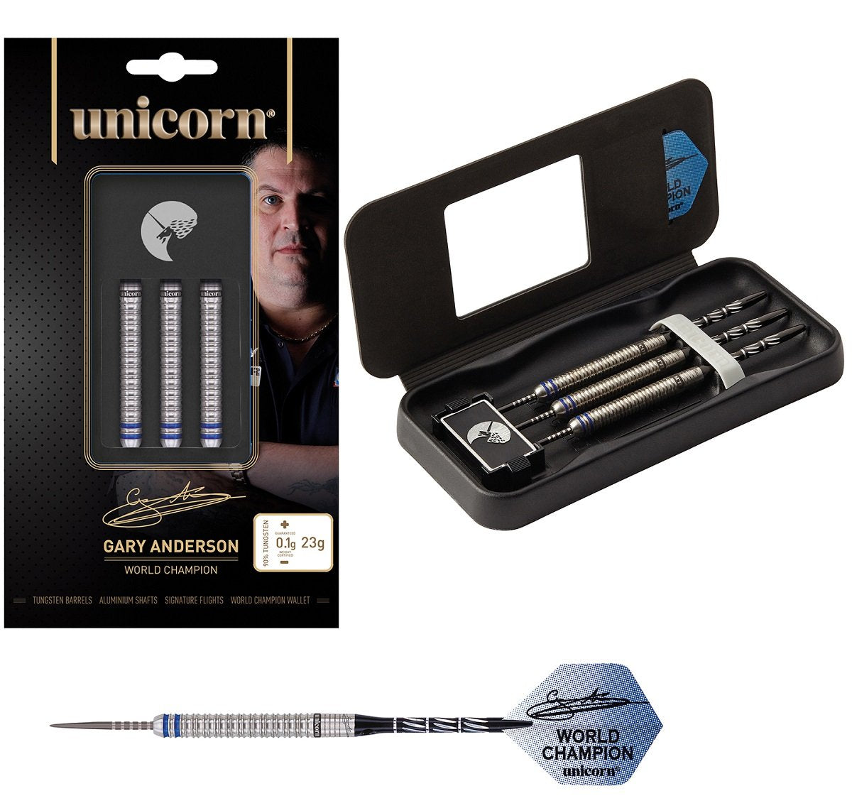 Gary Anderson Phase 3 World Champion Steel Tip Darts main product image showing the darts, packaging, flights, shafts, and included accessories