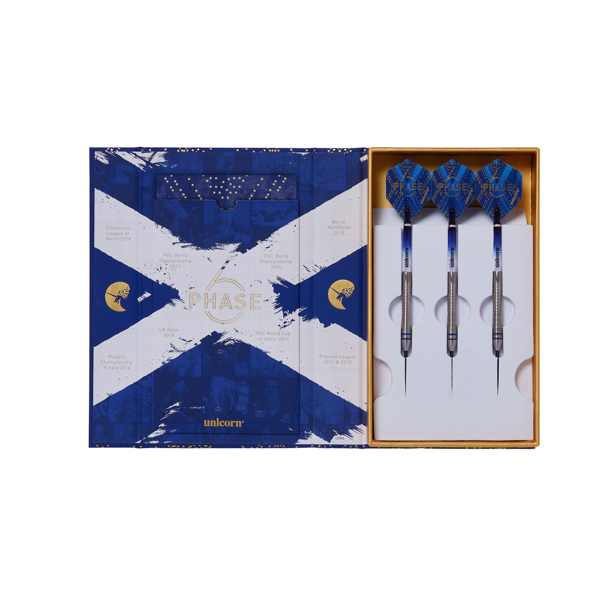 Gary Anderson Phase 6 World Champion Steel Tip Darts inside packaging image showing the presentation layout and contents arrangement within the box