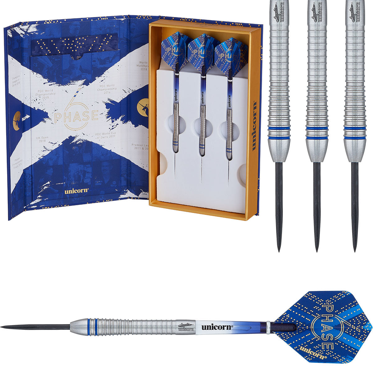 Gary Anderson Phase 6 World Champion Steel Tip Darts main product image showing the darts, packaging, flights, shafts, and included accessories