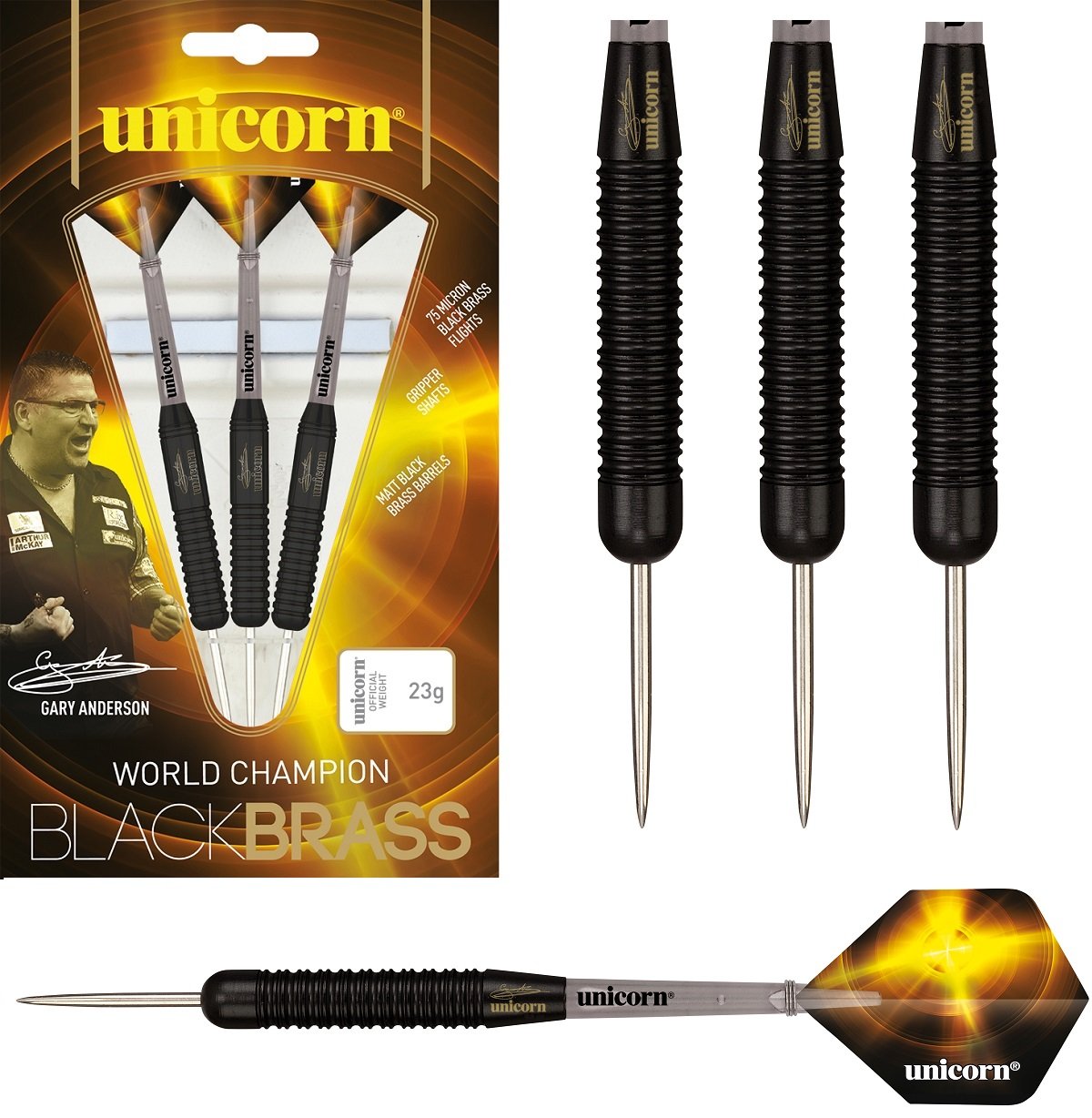 Gary Anderson Style 1 Black Brass Steel Tip Darts main product image showing the darts, packaging, flights, shafts, and included accessories
