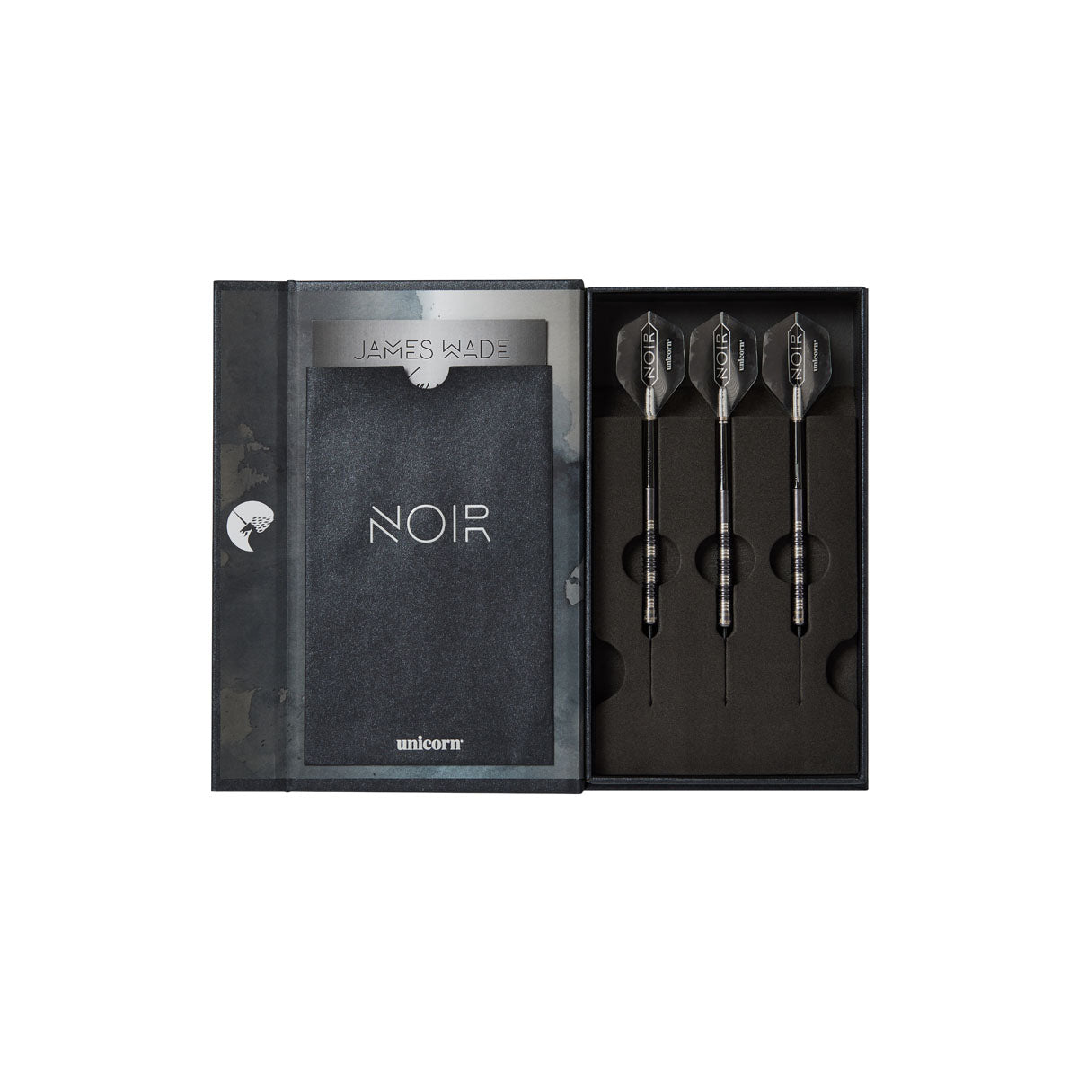 James Wade Noir Steel Tip Darts inside packaging image showing the presentation layout and contents arrangement within the box