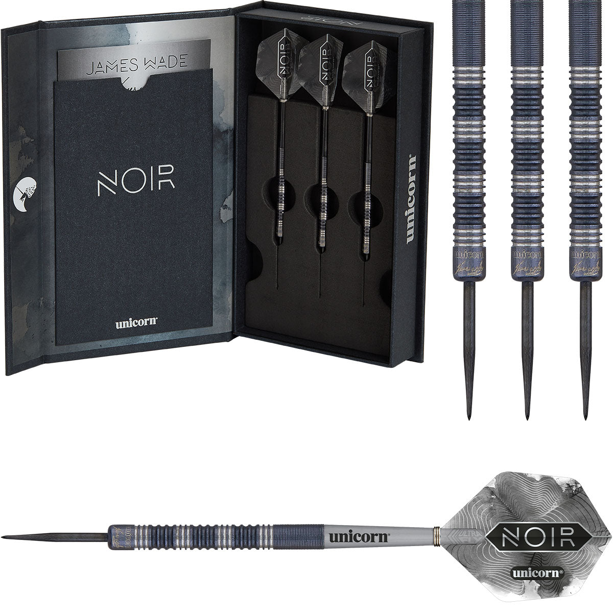 James Wade Noir Steel Tip Darts main product image showing the darts, packaging, flights, shafts, and included accessories