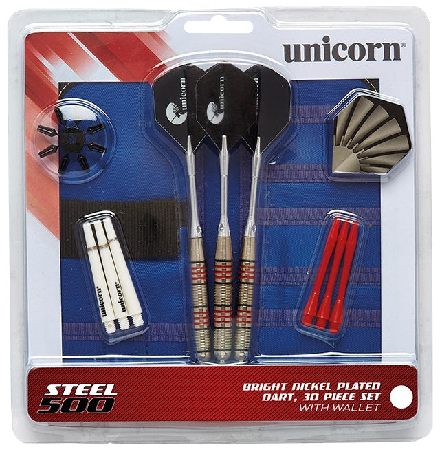 MM500 Steel Tip Darts main product image showing the darts, packaging, flights, shafts, and included accessories