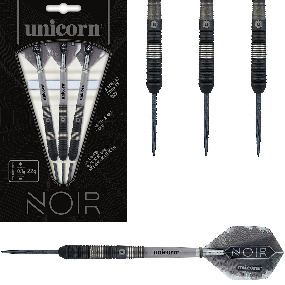 Noir Style 3 Steel Tip Darts main product image showing the darts, packaging, flights, shafts, and included accessories