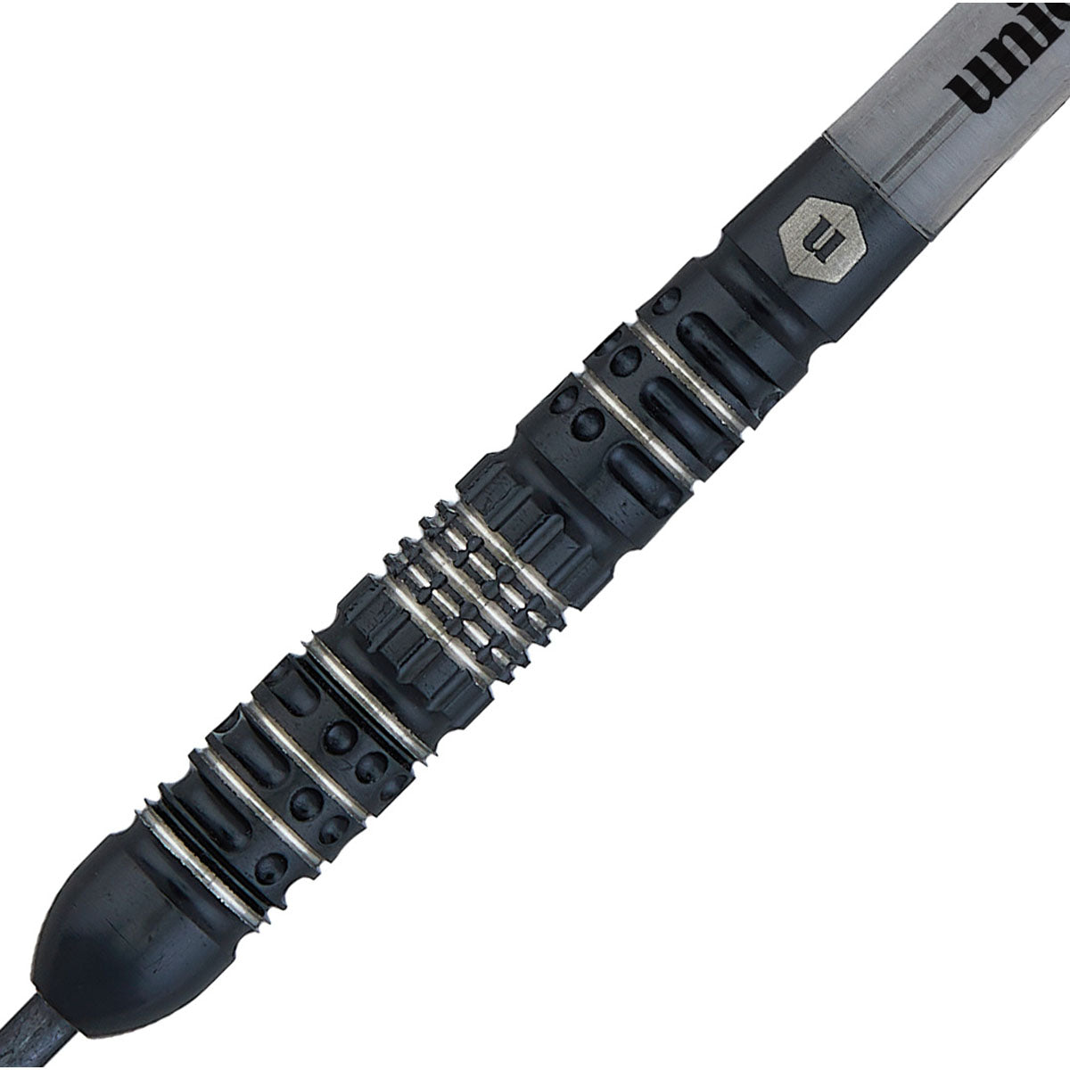 Noir Style 4 Steel Tip Darts close up image showing detailed grip patterns, machining, coating, and precision craftsmanship
