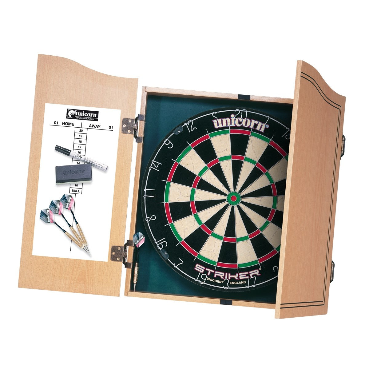 Unicorn Striker Home Darts Centre with Dartboard and Darts main product image showing the darts centre and product contents