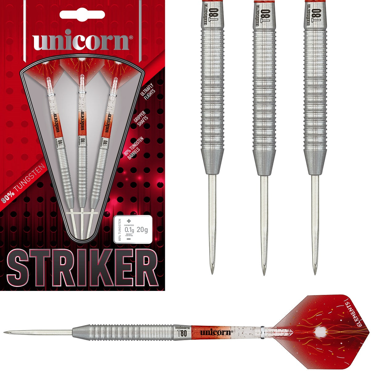 Striker Type 1 Steel Tip Darts main product image showing the darts, packaging, flights, shafts, and included accessories
