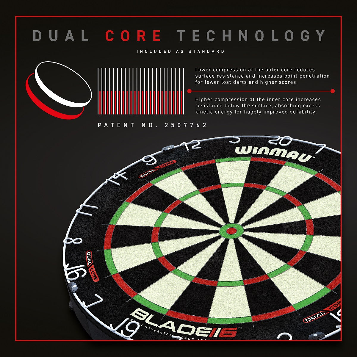 Winmau Blade 6 Dual Core Dartboard close up image highlighting the sisal fibre construction and playing surface