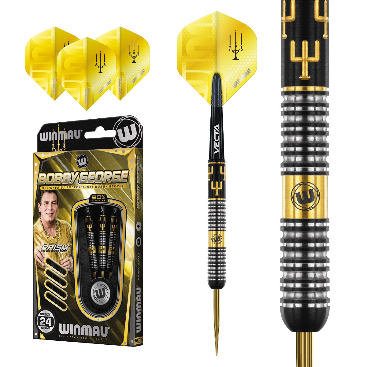 Bobby George Steel Tip Darts main product image showing the darts, packaging, flights, shafts, and included accessories