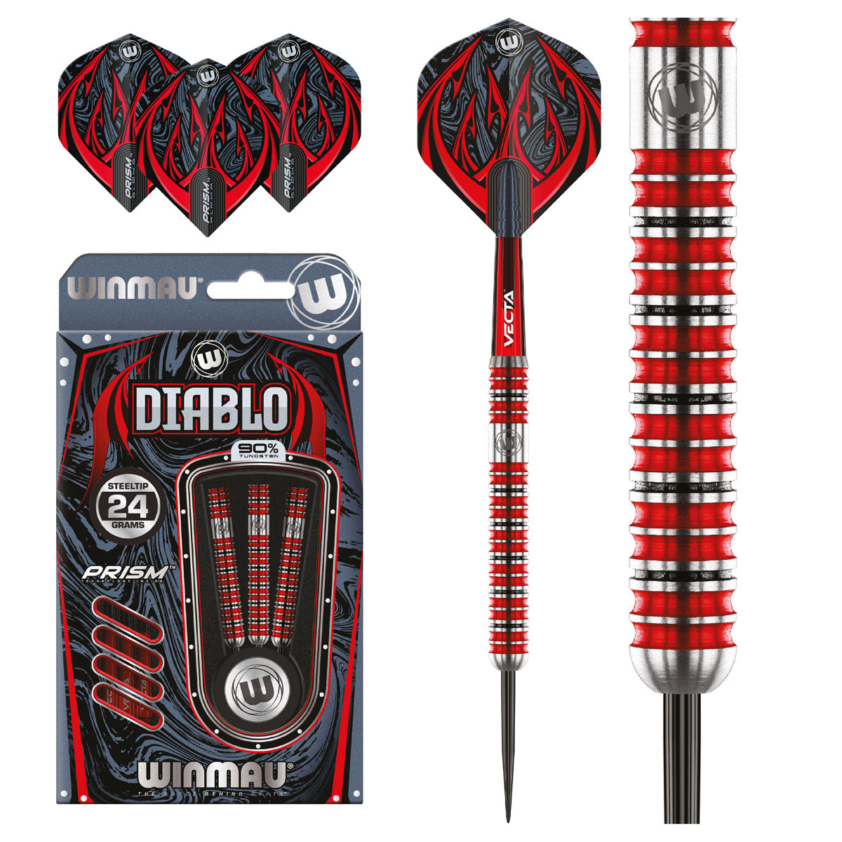 Diablo Straight Barrel Steel Tip Darts main product image showing the darts, packaging, flights, shafts, and included accessories