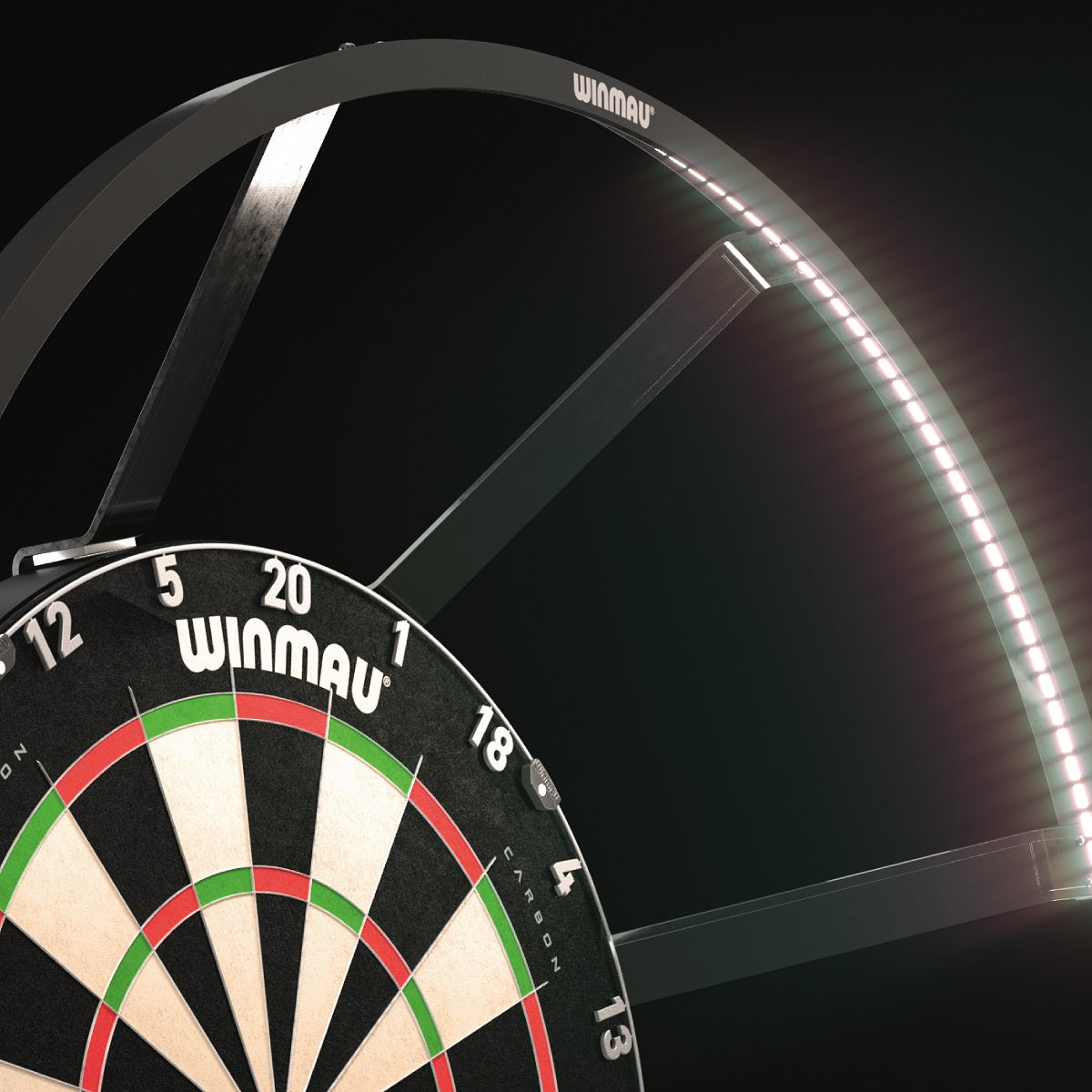 Winmau Polaris 120 Dartboard Light lifestyle image showing the lighting system installed in a real world darts setup and ready for play