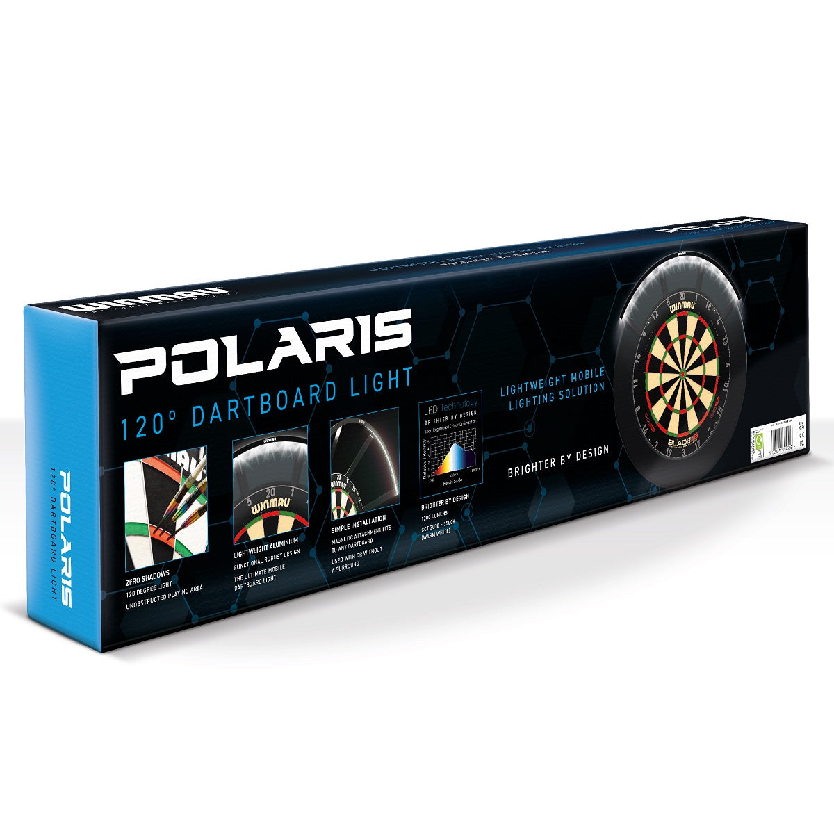 Winmau Polaris 120 Dartboard Light outer box rear image showing the retail packaging and branding