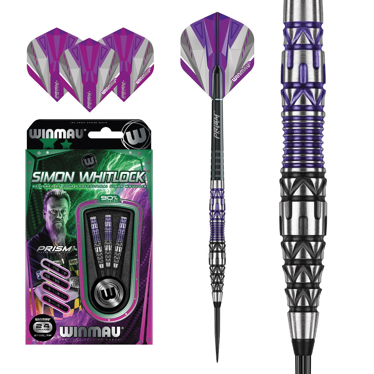 Simon Whitlock Special Edition Steel Tip Darts main product image showing the darts, packaging, flights, shafts, and included accessories