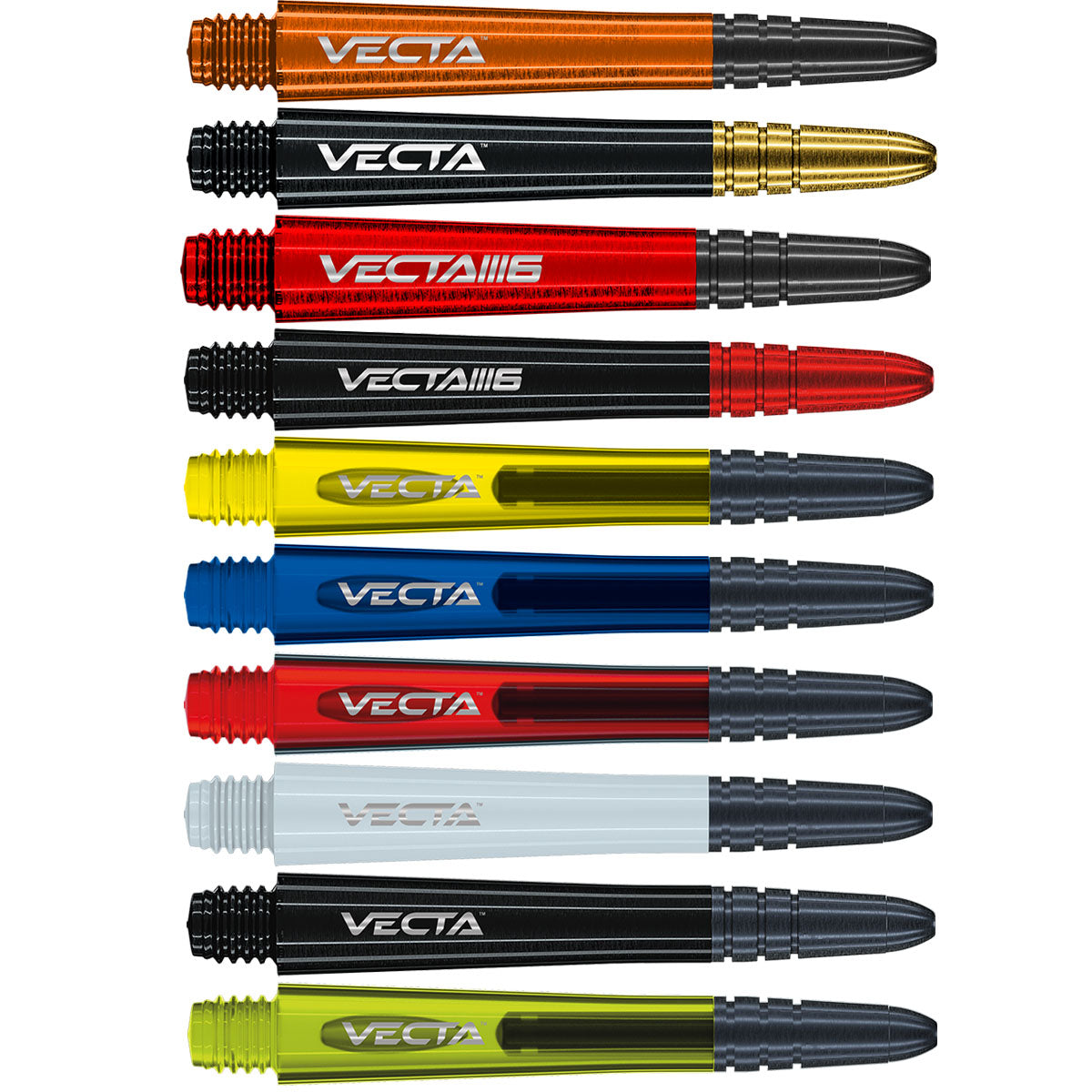 Winmau Vecta Polycarbonate Dart Stems with Aluminium Tips main product image showing the stems, packaging, and included contents