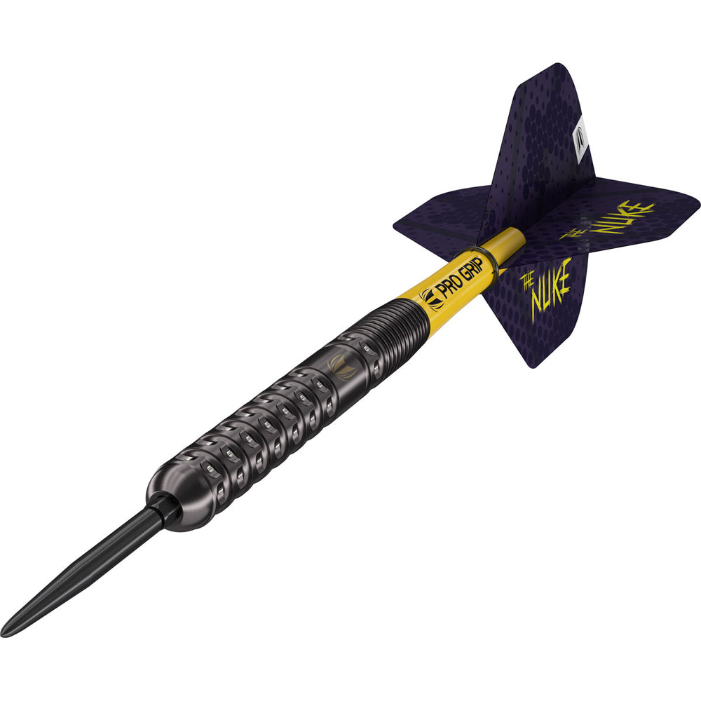 Side profile view of Luke Littler Gen 1 dart featuring yellow Pro Grip shaft and The Nuke flight.