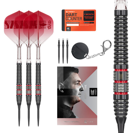 Set of 3 Nathan Aspinall 95K Darts with packaging, spare black Swiss Storm Points, a Black Premium Swiss Point Tool, 1 month Dart Counter subscription card, and a zoomed view of the Nathan Aspinall 95K Dart.