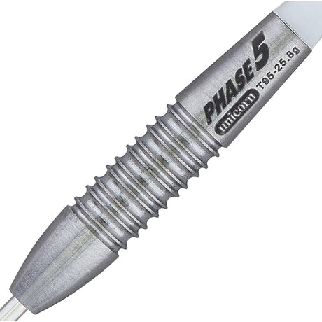 Close-up of the Unicorn Heritage Phase 5 dart barrel with precision rings and engraved Phase 5 branding.
