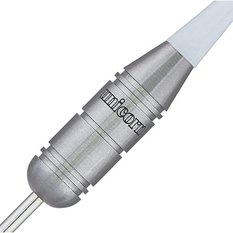 Close-up of the Unicorn Heritage Zippy dart barrel with stubby design and engraved Unicorn branding.