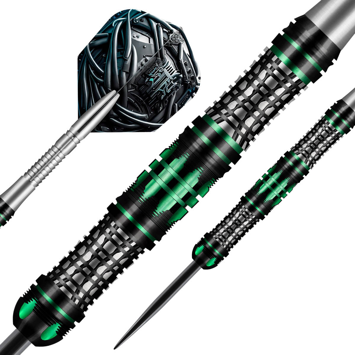 AI Cyberpunk Steel Tip Darts dynamic product image highlighting the full dart setup and futuristic barrel design