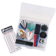 A dart throwing accessory kit in a clear plastic organizer case, red and blue tips, metal pins, and a branded instruction card. The card reads 'unicorn' and 'World Champions Way 10 Finish'.
