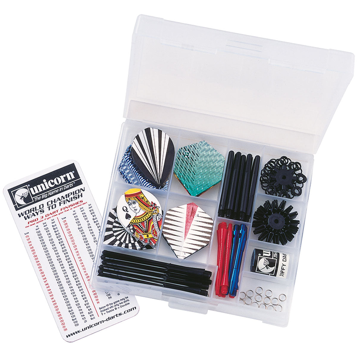 A dart throwing accessory kit in a clear plastic organizer case, red and blue tips, metal pins, and a branded instruction card. The card reads 'unicorn' and 'World Champions Way 10 Finish'.