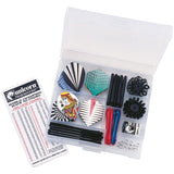 A dart throwing accessory kit in a clear plastic organizer case, red and blue tips, metal pins, and a branded instruction card. The card reads 'unicorn' and 'World Champions Way 10 Finish'.