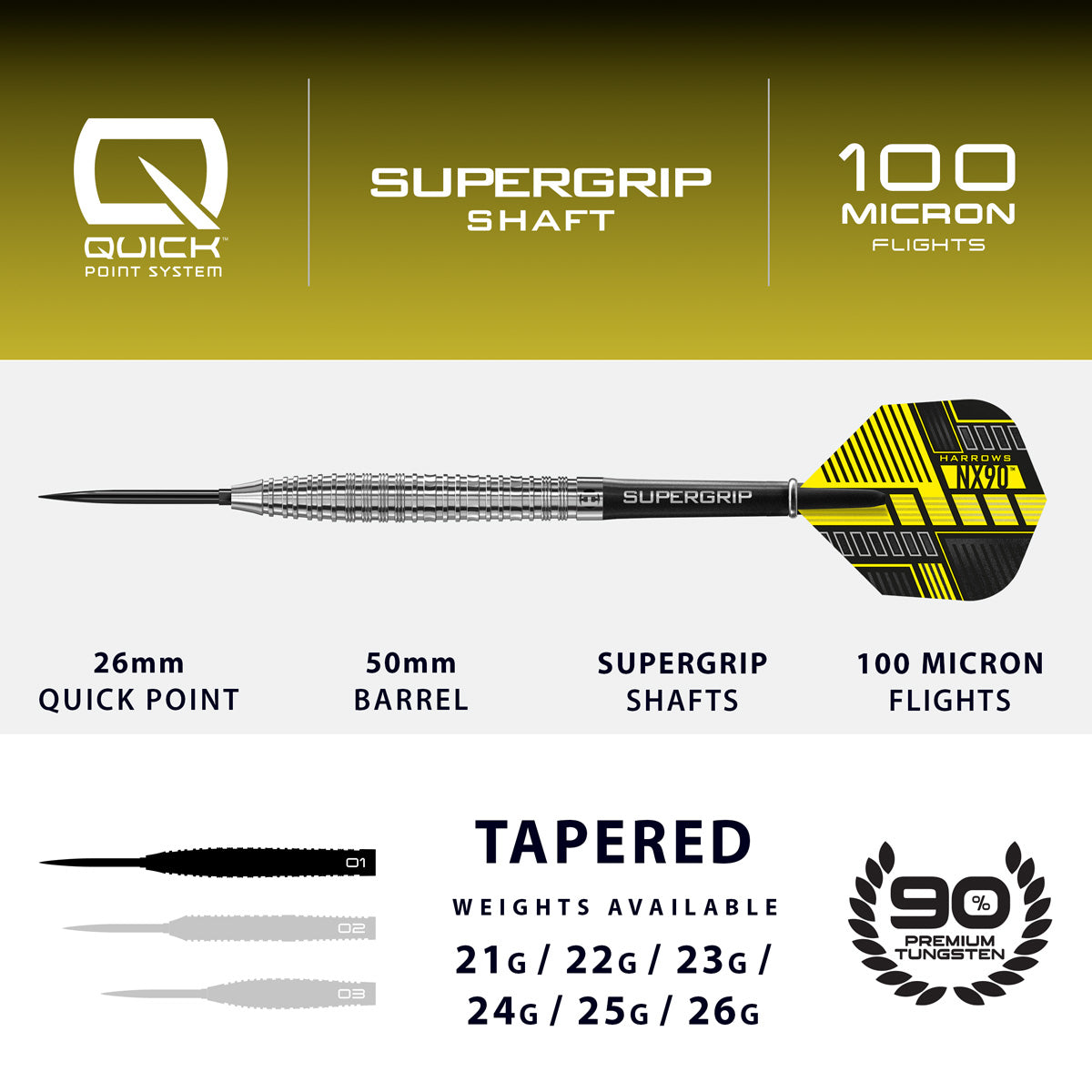 Harrows NX-90 Tapered 90% Tungsten QP Steel Tip Darts – Double Top
