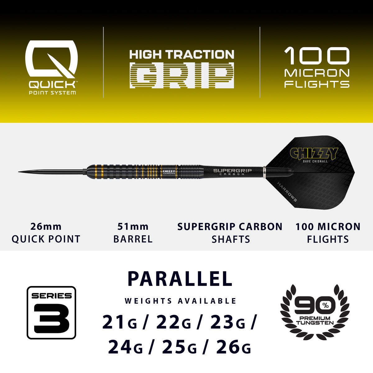 Harrows Dave Chisnall Chizzy Series 3 90% Tungsten QP Steel Tip Darts
