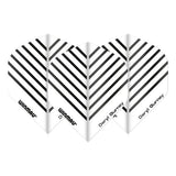 A set of white dart flights with black geometric patterns, featuring the text 'Winma' and 'Daryl Gurney' on them.