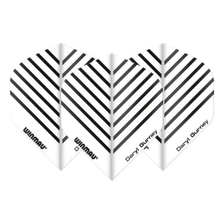 A set of white dart flights with black geometric patterns, featuring the text 'Winma' and 'Daryl Gurney' on them.
