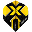 A dart flight with a yellow and black colour scheme featuring the letter 'X' and the brand name 'Winmau' on it.