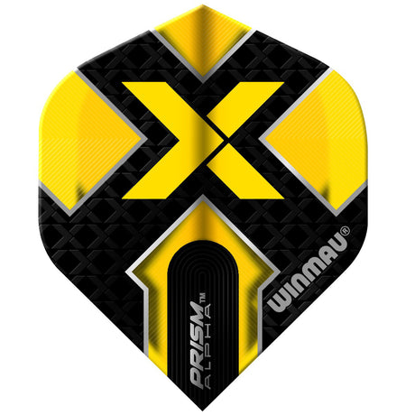 A dart flight with a yellow and black colour scheme featuring the letter 'X' and the brand name 'Winmau' on it.